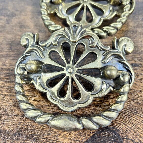 3 Vintage Round Brass French Art Nouveau Drop Bail Pulls Braided Rings 2.5" - Picture 2 of 7